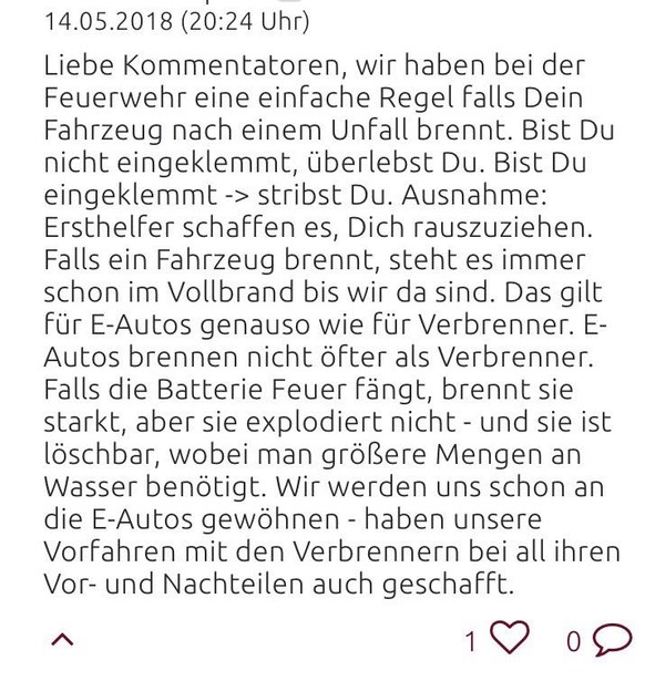 Tödlicher Tesla-Unfall im Tessin: Feuerwehr spekuliert über Brandursache
Sachlicher Kommentar eines Feuerwehrmannes zu diesem fatalen Unfall: