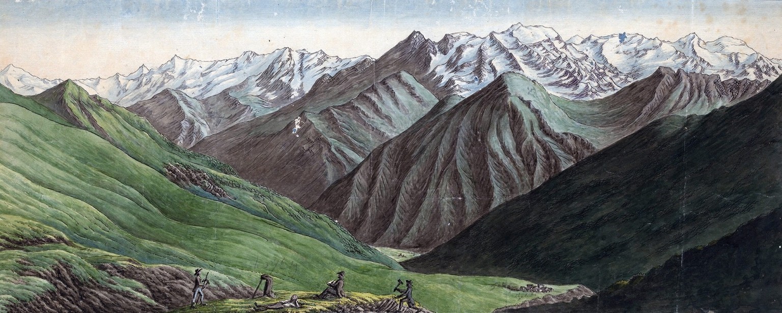 View above Campo in the Blenio Valley to the east, drawing around 1819. https://www.e-manuscripta.ch/zuzneb/content/titleinfo/1120596