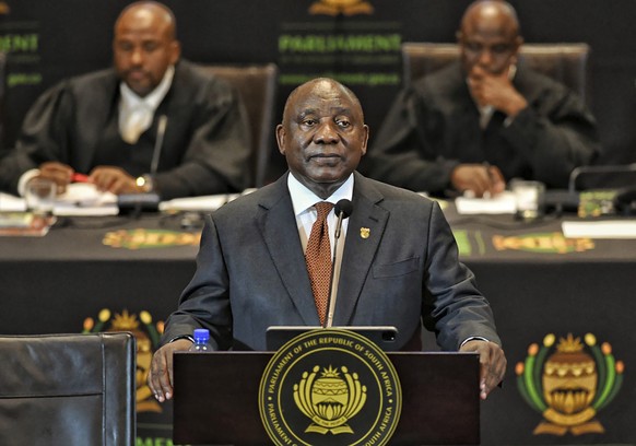 This photo supplied by the Government Communication and Information Services (GCIS), South African President, Cyril Ramaphosa, delivers his State of the Nation address to MP&#039;s in Cape Town, South ...