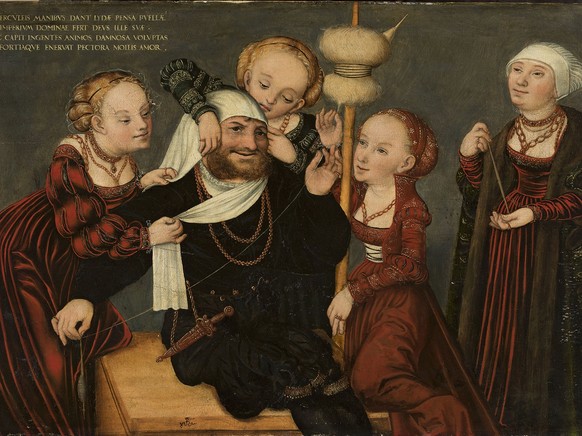 Lucas Cranach der Ältere und Werkstatt, nach 1537.
https://commons.wikimedia.org/wiki/File:Cranach_Hercules_and_Omphale.jpg