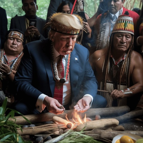 Ein KI-generierter Trump beim Zubereiten der Urwalddroge Ayahuasca.