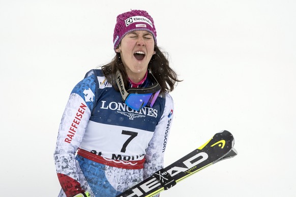 epa05782659 Wendy Holdener of Switzerland reacts in the finish area after winning the women&#039;s Alpine combined competition at the 2017 FIS Alpine Skiing World Championships in St. Moritz, Switzerl ...