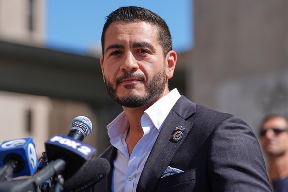 Abdul El-Sayed speaks during a news conference at the Spirit of Detroit shortly after winning the Democratic nomination for U.S. Senate in Michigan, Wednesday, Aug. 5, 2026, in Detroit. (AP Photo/Juli ...