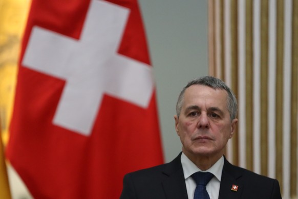 epa11875670 Swiss Foreign Minister Ignazio Cassis attends a press conference with Bolivian Foreign Minister, Celinda Sosa (Not Pictured), during a press conference at Bolivia&#039;s Ministry of Foreig ...