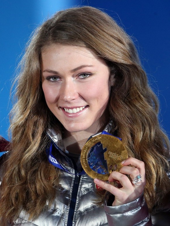 epa04095875 Gold medalist Mikaela Shiffrin of USA during the medal ceremony for Women&#039;s Slalom Alpine Skiing event at the Sochi 2014 Olympic Games, Sochi, Russia, 22 February 2014. EPA/TATYANA ZE ...