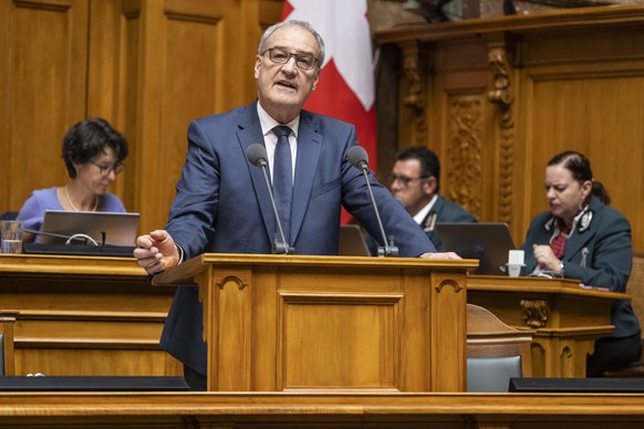 Bundesrat Guy Parmelin spricht zur Grossen Kammer, an der Sommersession der Eidgenoessischen Raete, am Dienstag, 13. Juni 2023 im Nationalrat in Bern. (KEYSTONE/Alessandro della Valle)