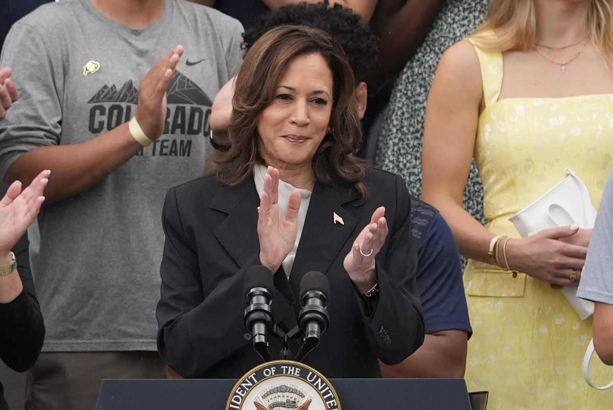 Vice President Kamala Harris speaks from the South Lawn of the White House in Washington, Monday, July 22, 2024, during an event with NCAA college athletes. This is her first public appearance since P ...