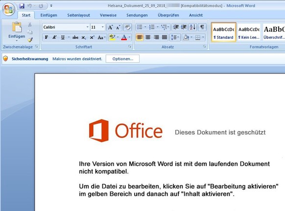 Microsoft Word schützt den Nutzer eigentlich vor Malware. Die Betrüger versuchen ihre Opfer aber mit dieser Botschaft dazu zu verleiten, den Schutz selbst zu deaktivieren, damit sich Retefe installier ...