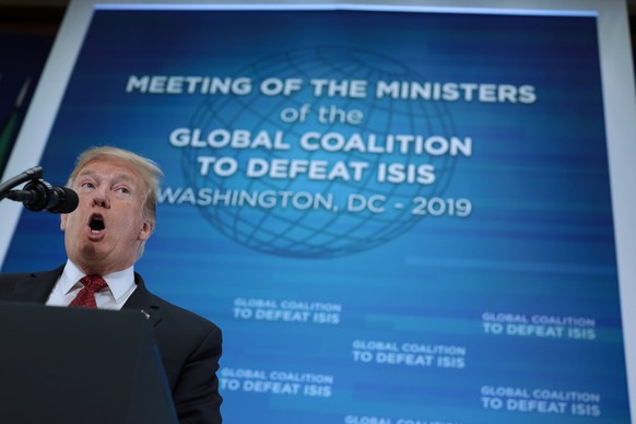 epa07348641 US President Donald J. Trump speaks at the Meeting of Foreign Ministers of the Global Coalition to Defeat ISIS at the US Department of State in Washington, DC, USA, 06 February 2019. The 7 ...
