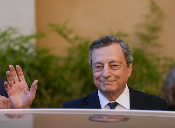 Italian Premier Mario Draghi, leaves after paying his respects to the body of late Italian journalist Eugenio Scalfari, lied in state in Rome&#039;s Capitol Hill , Friday, July 15, 2022. Scalfari, who ...