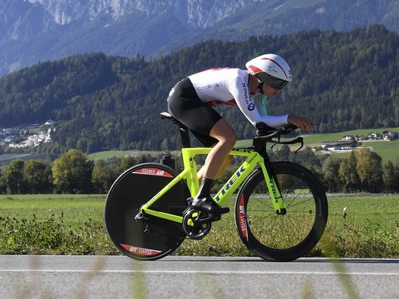 Switzerland's Marlen Reusser competes in the women's individual time trial at the Road Cycling World Championships in Innsbruck, Austria, Tuesday, Sept. 25, 2018. (AP Photo/Kerstin Joensson)