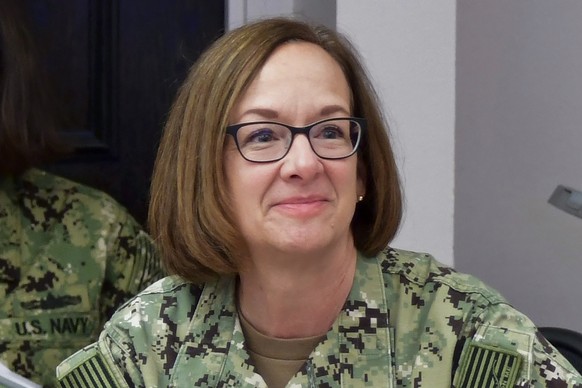 In this photo provided by the U.S. Navy, Vice Chief of Naval Operations Adm.  Lisa Franchetti meets with leadership at the Portsmouth Naval Shipyard in Kittery, Maine, on Nov. 17, 2022.  A senior management