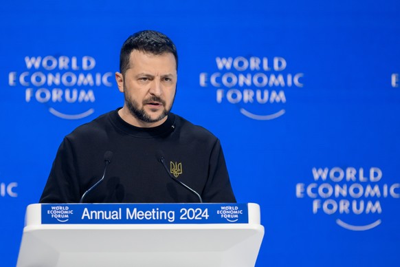 Volodymyr Zelenskyy, President of Ukraine, speaks during a plenary session in the Congress Hall at the 54th annual meeting of the World Economic Forum, WEF, in Davos, Switzerland, Tuesday, January 16, ...