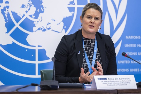 epa10524232 Alice Jill Edwards, UN Special Rapporteur on Torture and Other Cruel, Inhuman or Degrading Treatment or Punishment, speaks about the Report on the duty to investigate crimes of torture in  ...