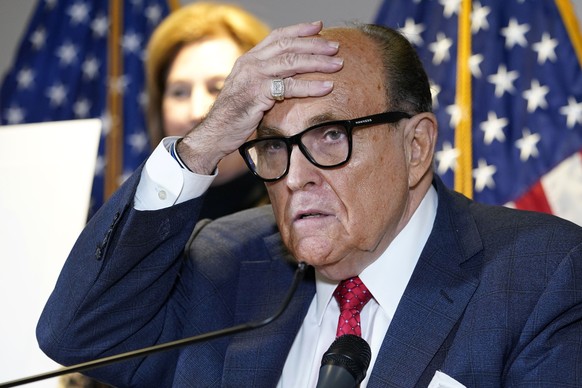 FILE - In this Nov. 19, 2020, file photo, former New York Mayor Rudy Giuliani, who was a lawyer for President Donald Trump, speaks during a news conference at the Republican National Committee headqua ...