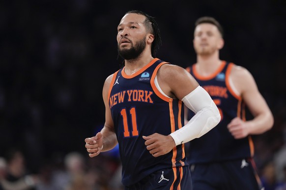 New York Knicks&#039; Jalen Brunson (11) runs on the court after scoring against the Indiana Pacers during the first half of Game 2 in an NBA basketball second-round playoff series Wednesday, May 8, 2 ...