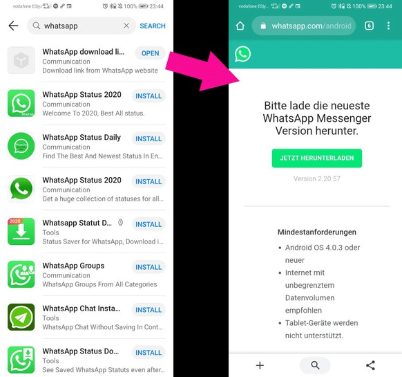 Wer auf das erste Resultat klickt, wird auf die offizielle Seite von WhatsApp weitergeleitet.