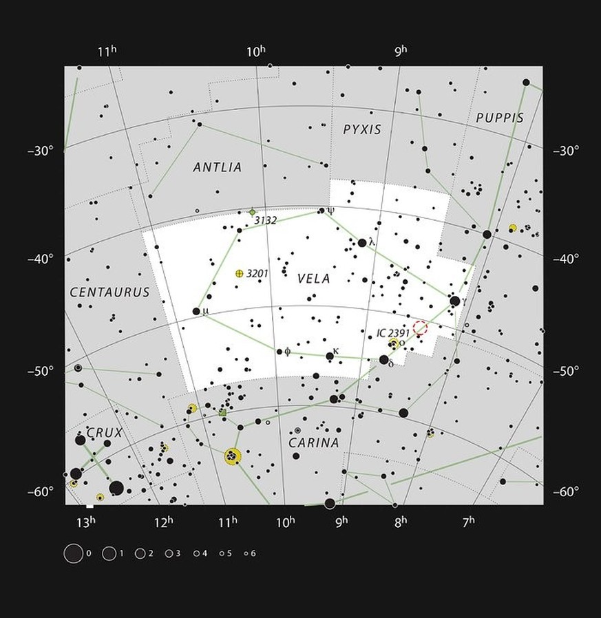 Diese Aufsuchkarte zeigt das südliche Sternbild Vela (das Segel des Schiffs). Die Karte zeigt die meisten mit bloßem Auge unter guten Bedingungen sichtbaren Sterne. Die Lage des Sternentstehungsgebiet ...