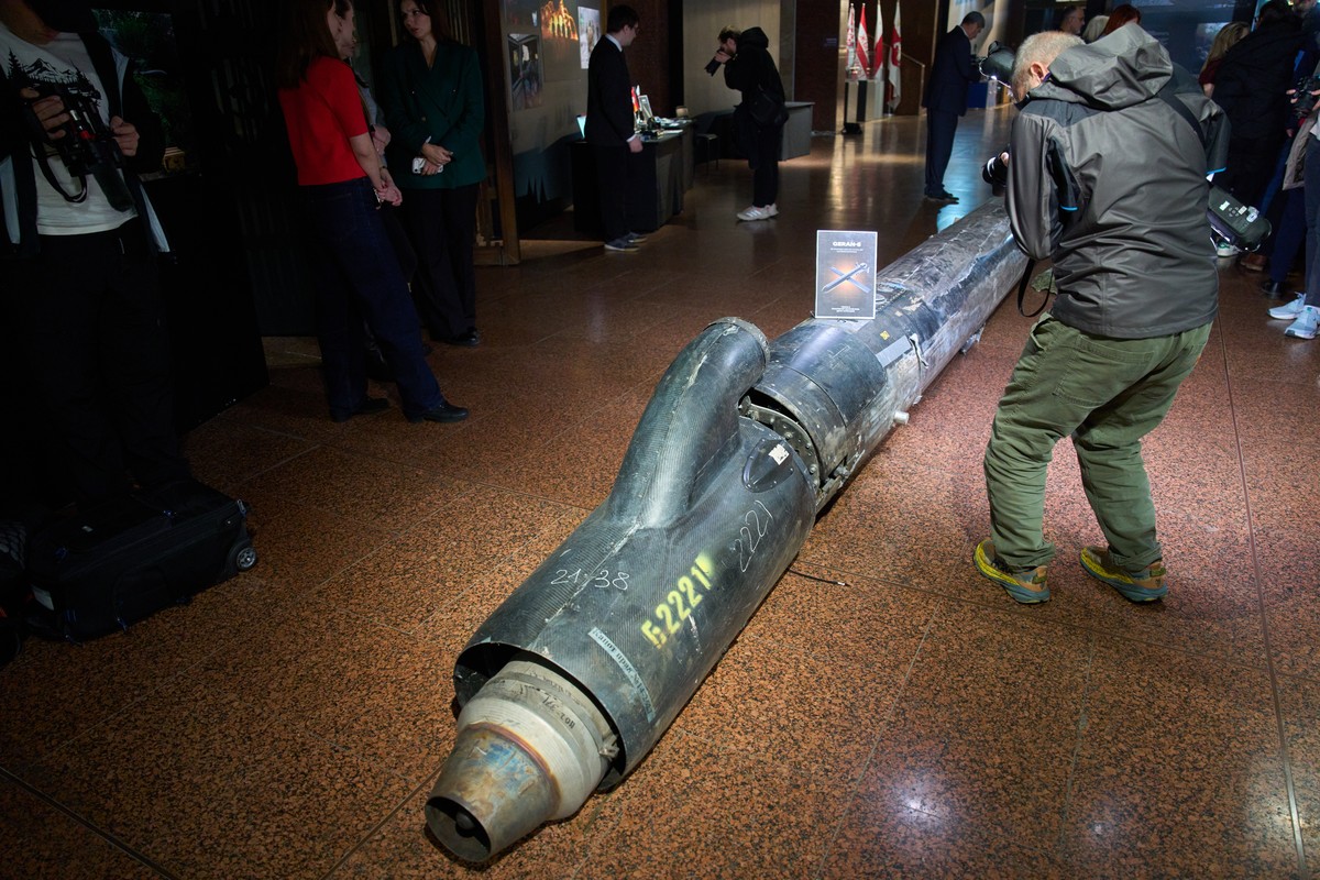 Journalists are standing next to an unexploded Russian Geran-5 drone during a display of Russian drones used against Ukraine in Kyiv, Ukraine, Thursday, Oct. 29, 2026. (AP Photo/Efrem Lukatsky)
Russia ...