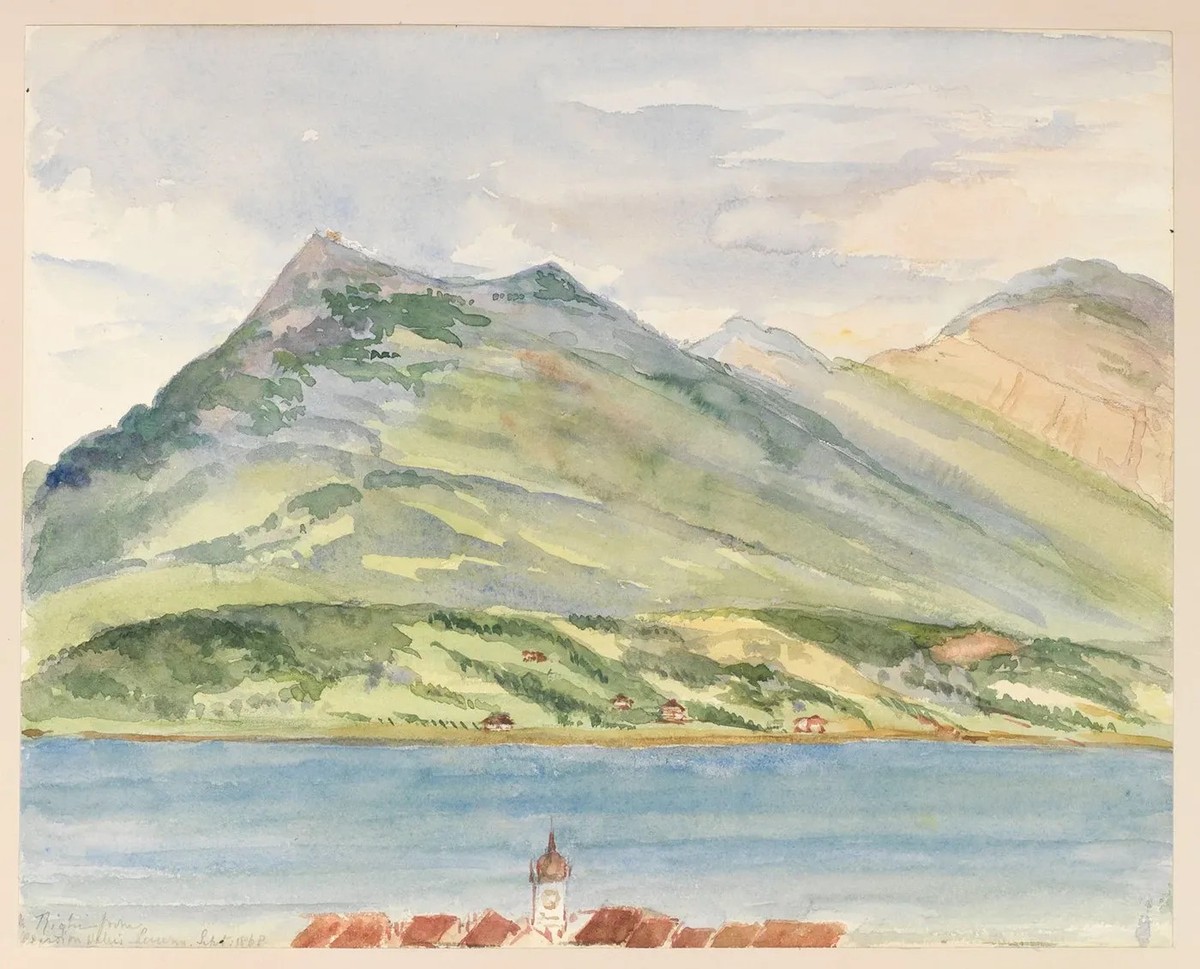 Der Blick von Luzern zur Rigi: Sie übernachtete jeweils in der Stadt.
https://www.rct.uk/collection/search#/39/collection/980042-cf/rigi-from-pension-wallis-lucerne