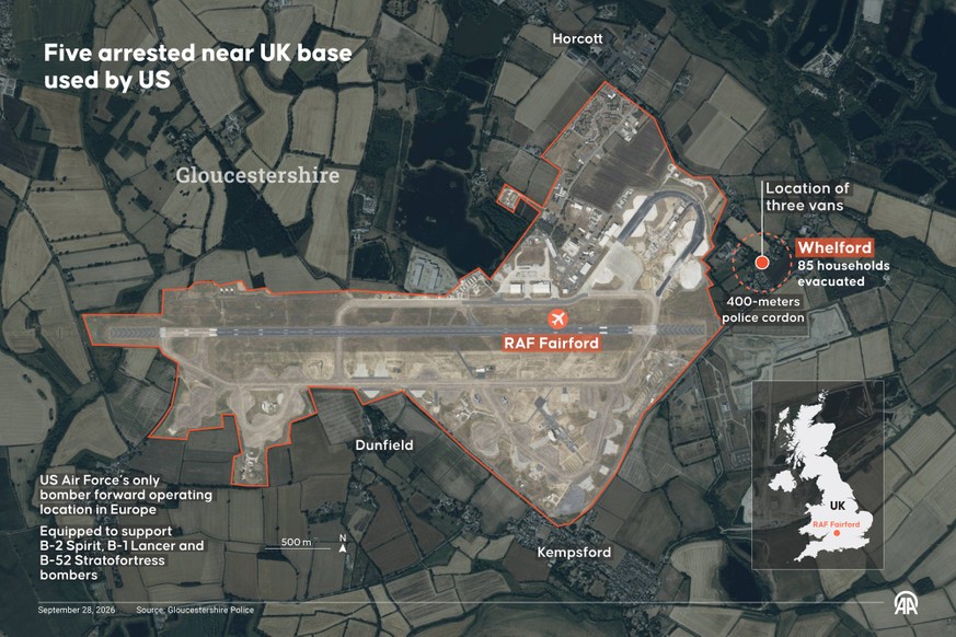 Five arrested near UK base used by US ANKARA, TURKIYE - SEPTEMBER 28: An infographic titled Five arrested near UK base used by US created in Ankara, Turkiye on September 28, 2026. Police arrested five ...
