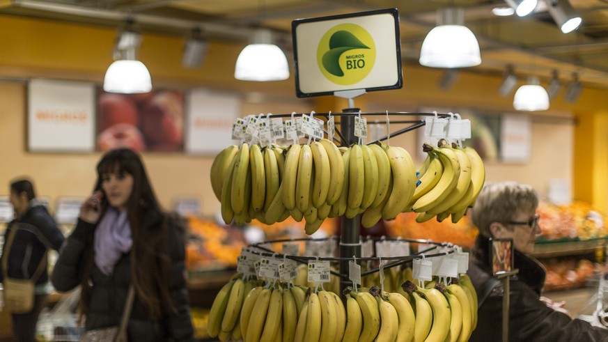Organic bananas hang from a round stand, pictured on March 5, 2013, at the Migros branch in Baden, Switzerland. Migros is Switzerland&#039;s the largest retail company. (KEYSTONE/Gaetan Bally)

Bio-Ba ...