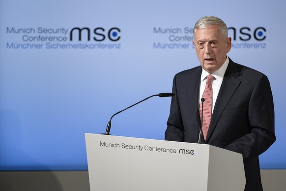 epa05799840 United States Secretary of Defense James Mattis speaks during the 53rd Munich Security Conference (MSC) in Munich, Germany, 17 February 2017. In their annual meeting, politicians and vario ...