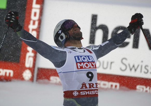 Norway&#039;s Aksel Lund Svindal reacts in the finish area after the men&#039;s downhill race, at the alpine ski World Championships in Are, Sweden, Saturday, Feb. 9, 2019. (AP Photo/Marco Trovati)