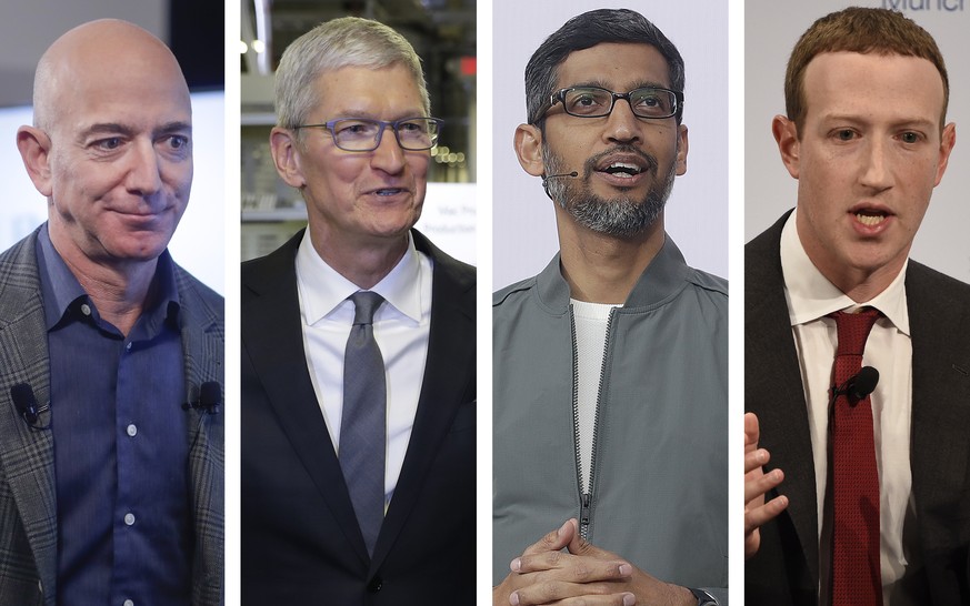 FILE - This file combination of 2019-2020 photos shows Amazon CEO Jeff Bezos, Apple CEO Tim Cook, Google CEO Sundar Pichai and Facebook CEO Mark Zuckerberg.