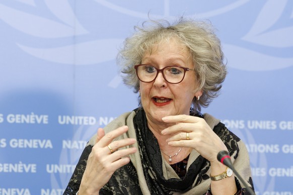 British Lynn Welchman, Member of the Independent Commission of Inquiry on the Syrian Arab Republic, talks to the media during a press conference, before presenting the last report by the Commission of ...