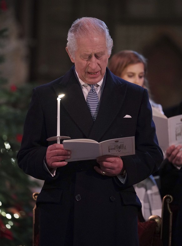 Britain King Charles III during the &#039;Together at Christmas&#039; Carol Service at Westminster Abbey in London Thursday, Dec. 15, 2022. (Yui Mok/Pool via AP)