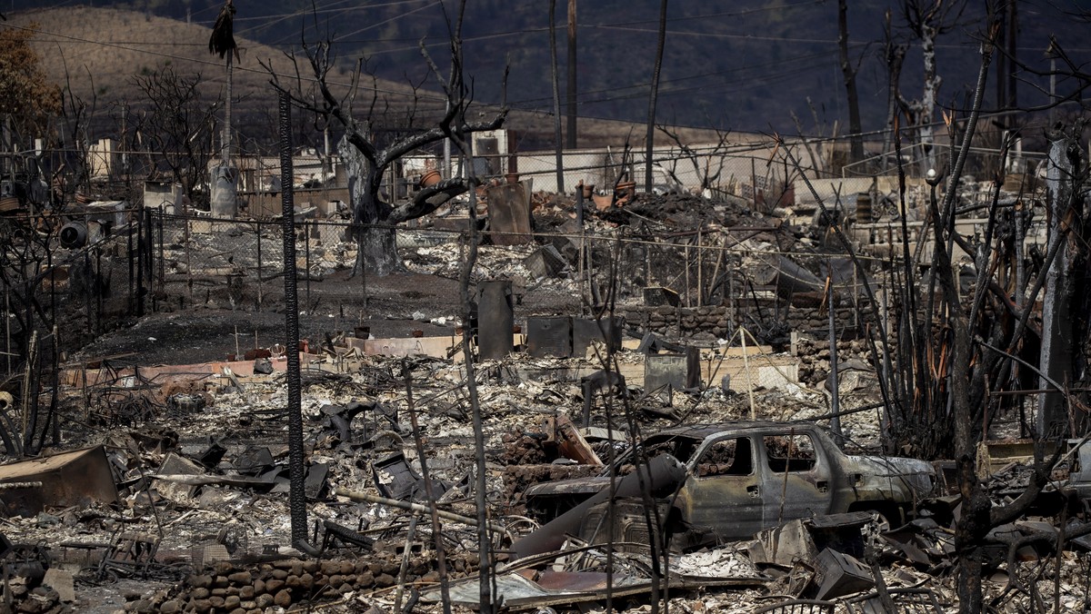 epa10802245 Burned out cars and houses are all that remains after a wildfire swept through a neighborhood in Lahaina, Hawaii, USA, 15 August 2023. At least 99 people were killed in the Lahaina wildfir ...