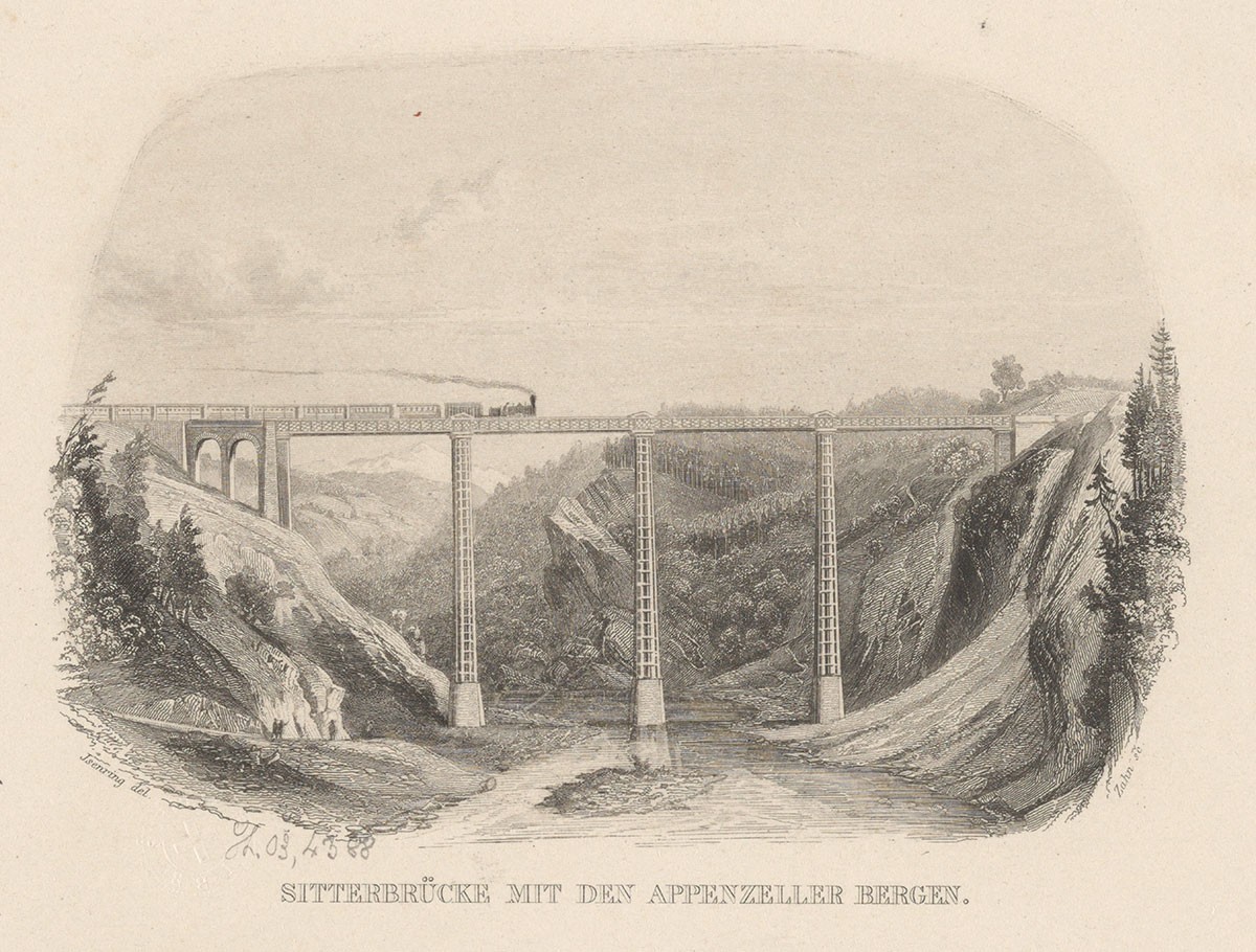 Le pont sur la Sitter avec les montagnes de l’Appenzell. Gravure de Johann Baptist Isenring, 1856.
https://commons.wikimedia.org/wiki/File:CH-NB_-_Grafiken_Orts-_und_Landschaftsansichten_-_GS-GRAF-ANS ...