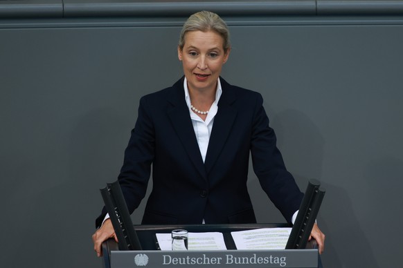 epa12401309 Alternative for Germany (AfD) party and faction co-chairwoman Alice Weidel speaks during a session of the German Parliament &#039;Bundestag&#039; in Berlin, Germany, 24 September 2025. EPA ...
