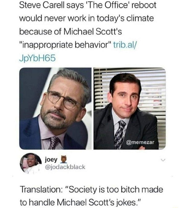 «Steve Carell sagt, dass eine Neuauflage von ‹The Office› aufgrund von Michael Scotts ‹unangemessenen Verhalten› im heutigen Klima nie funktionieren würde.» – «Übersetzung: ‹Die Gesellschaft ist zu we ...