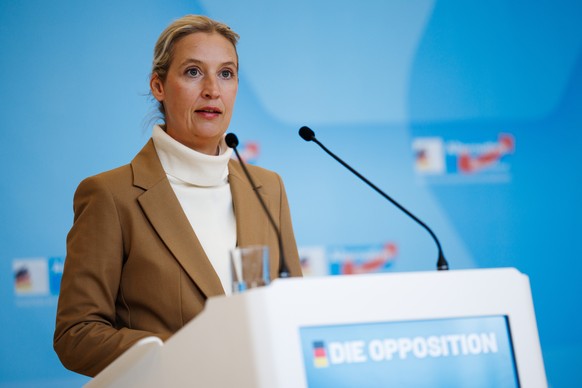 epa12502761 Alternative for Germany (AfD) party and faction co-chairwoman Alice Weidel speaks during a statement prior to a meeting of the Social Democratic Party (SPD) parliamentary group at the Germ ...