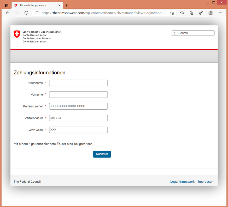 Die Phishing-Webseite im Layout der offiziellen admin.ch-Seite ist an der gefälschten Adresse zu erkennen.