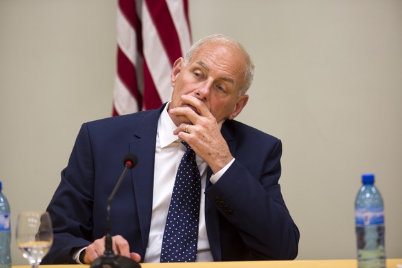 U.S. Homeland Security Secretary John Kelly listens to media during a joint press conference with Haiti&#039;s President Jovenel Moise at the National Palace in Port-au-Prince, Haiti, Wednesday, May 3 ...