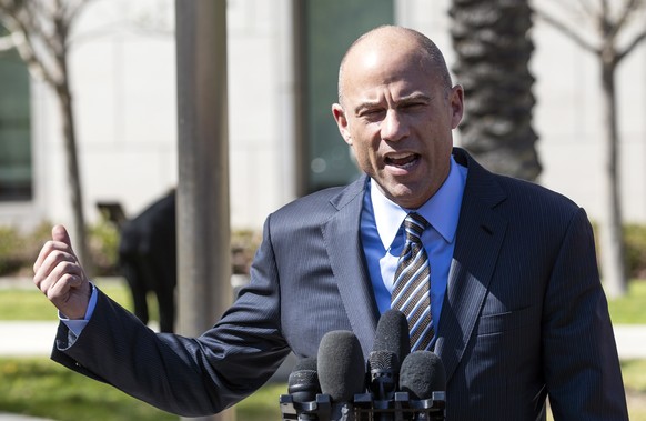 epa07479267 Attorney Michael Avenatti delivers a speech to the press after facing a hearing at the Santa Ana Federal Court in Santa Ana, California, USA, 01 April 2019. In California, Avenatti faces c ...