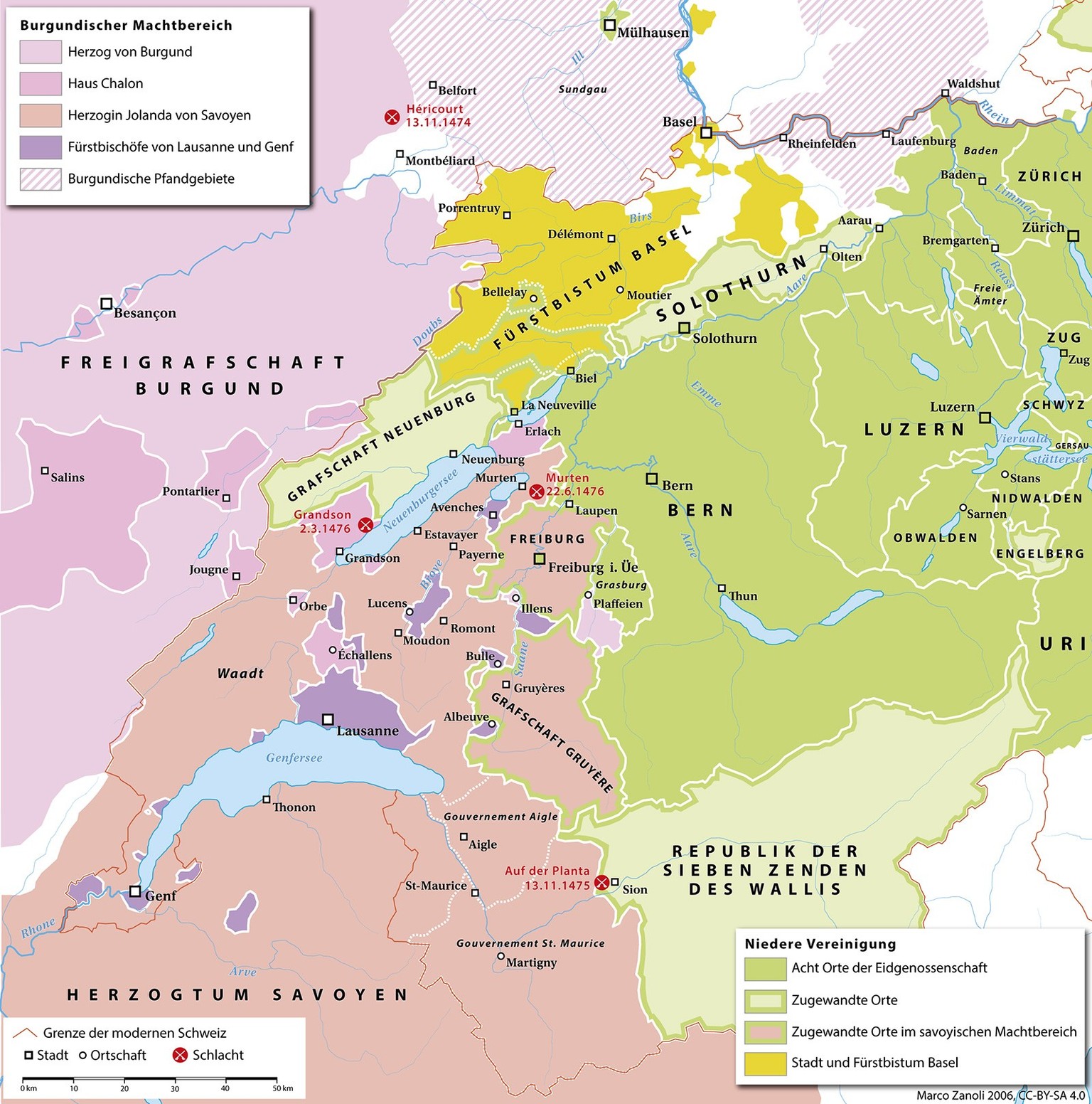 Die politische Konstellation vor den Burgunderkriegen 1474–1477. Burgund wird mit den von Österreich gepfändeten Gebieten im Elsass, Breisgau und südlich des Rheins zum direkten Nachbarn der Eidgenoss ...