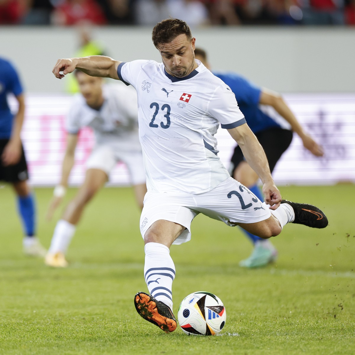 Switzerland's Xherdan Shaqiri scores the 4-0 with a penalty shot during an international friendly soccer match between Switzerland and Estonia at the Swissporarena in Lucerne, Switzerland, Tuesda ...