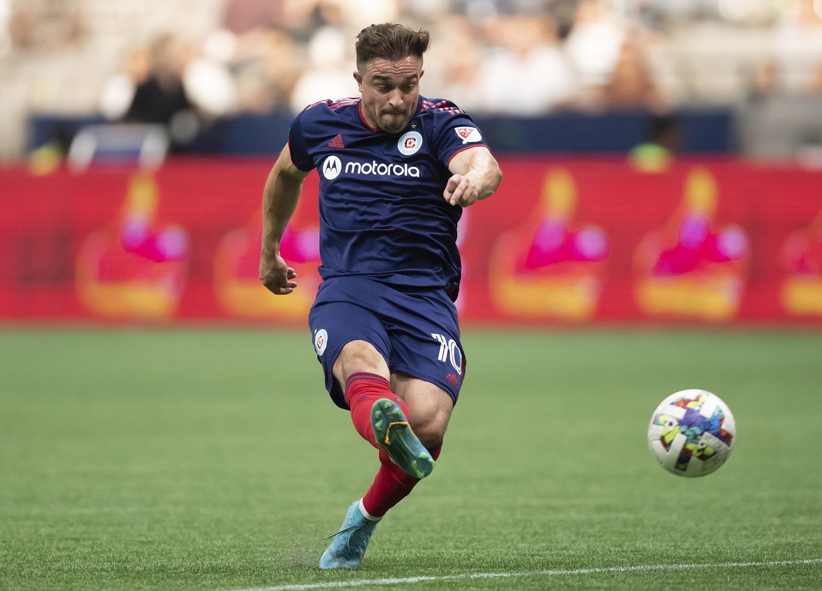 Chicago Fire's Xherdan Shaqiri scores a goal against the Vancouver Whitecaps during the first half of an MLS soccer match Saturday, July 23, 2022, in Vancouver, British Columbia. (Darryl Dyck/The ...