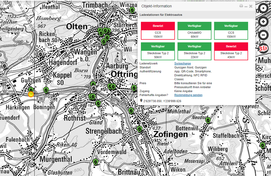 Die Webseite zeigt, welche Steckdosen an einer Ladestationen gerade besetzt bzw. verfügbar sind.