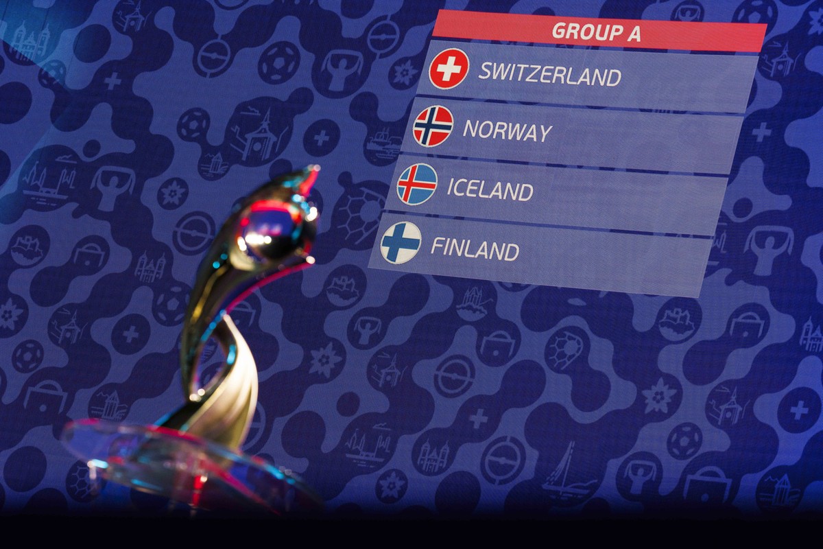 epa11781333 Group A that includes Switzerland, Norway, Iceland and Finland is displayed with the trophy after the UEFA Women's EURO 2025 final draw, in Lausanne, Switzerland, 16 December 2024. Th ...