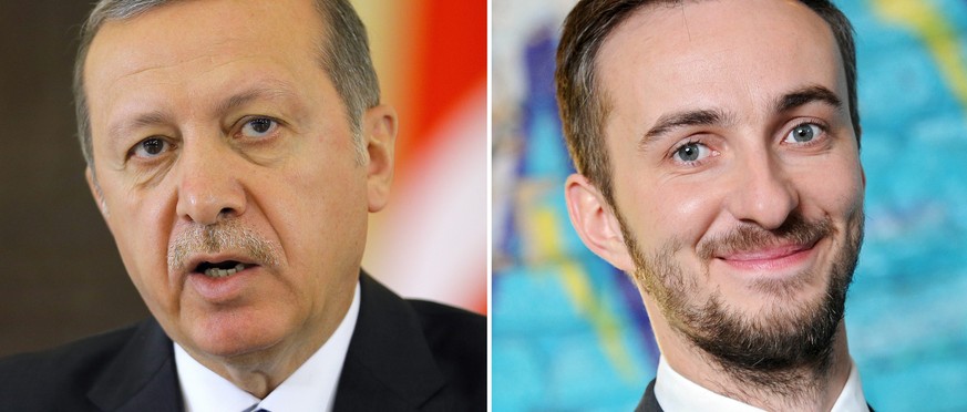 epa05254827 A composite picture made of file pictures shows Turkish President Recep Tayyip Erdogan during a press conference in Bucharest, Romania, 01 April 2015 (L) and German comedian and television ...