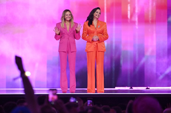 epa11322713 Malin Akerman (L) and Petra Mede host the second rehearsal of the first semi-final of the Eurovision Song Contest (ESC) at Malmo Arena, in Malmo, Sweden, 06 May 2024. The 68th edition of t ...