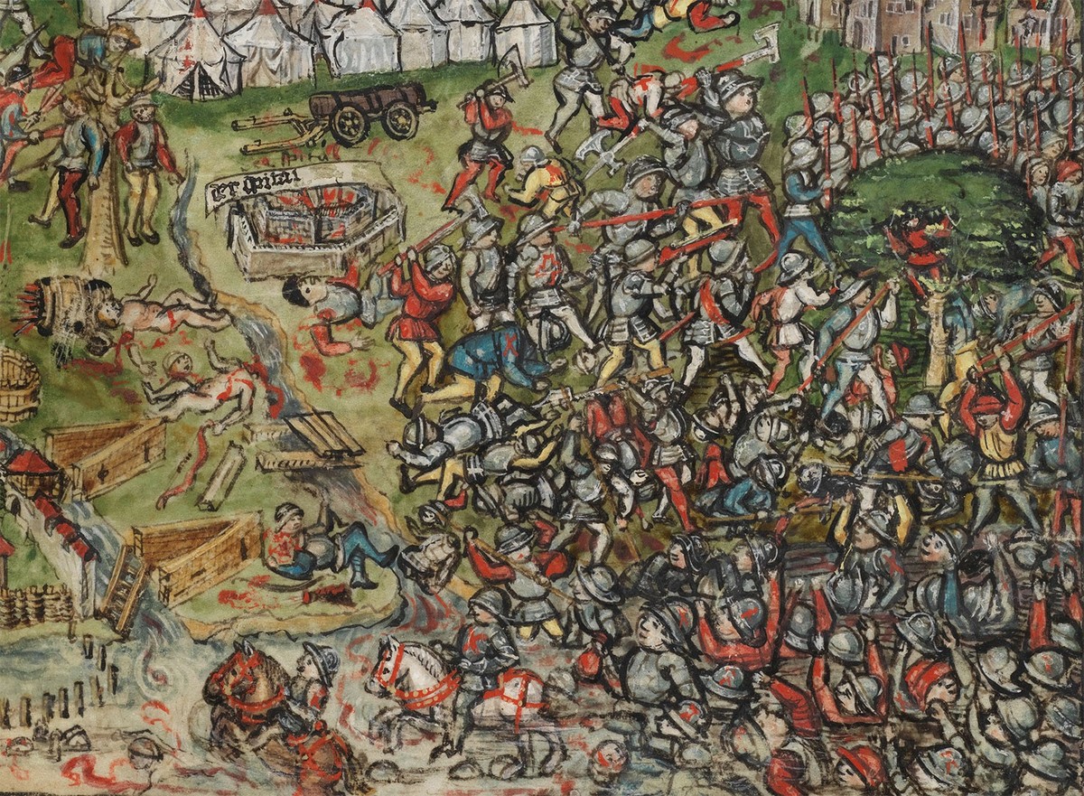 Alourdis par leur armure, des centaines de soldats bourguignons se noient dans le lac de Morat. Extrait d’une illustration de la chronique de la Confédération du Lucernois Diebold Schilling, vers 1513 ...