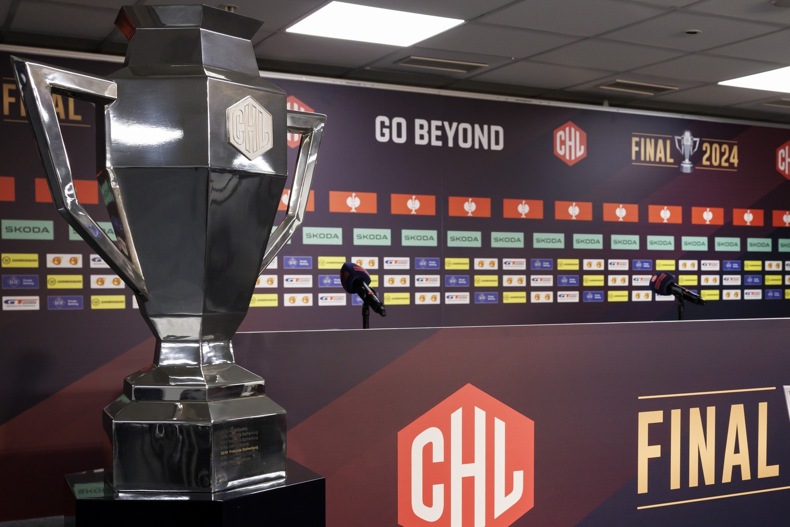epa11166058 The European Trophy trophy is pictured prior the press conferences for the IIHF Champions Hockey League (CHL) final, in Geneva, Switzerland, 19 February 2024. Switzerland&#039;s Geneve-Ser ...