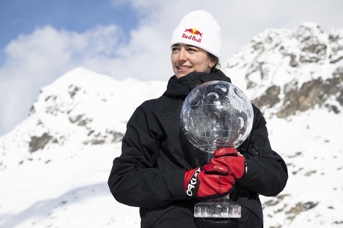 Mathilde Gremaud of Switzerland with her awards for overall parc and pipe, after the Freeski Slopestyle Worldcup finals, on Sunday, March 24, 2024, on Corvatsch mountain in Silvaplana, Switzerland. (K ...