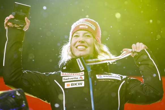 epa05783635 Silver medalist Michelle Gisin of Switzerland celebrates during the Women&#039;s Combined competition winnerâs presentation at the 2017 FIS Alpine Skiing World Championships in St. Morit ...